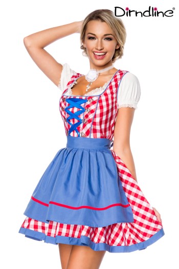 Dirndline Oktoberfest Traditionelles Minidirndl, rot/blau/weiß, Größe XL

