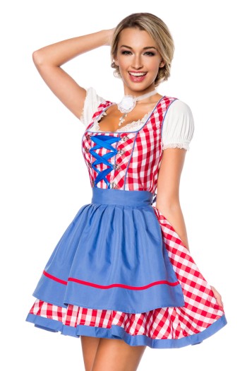 Dirndline Oktoberfest Traditionelles Minidirndl, rot/blau/weiß, Größe XL

