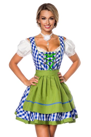 Dirndline Oktoberfest Traditionelles Minidirndl, blau/grün/weiß, Größe XS

