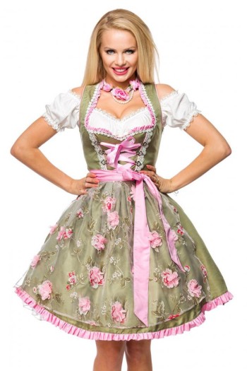 Dirndline Oktoberfest Dirndl mit Blumenschürze, grün/pink, Größe M

