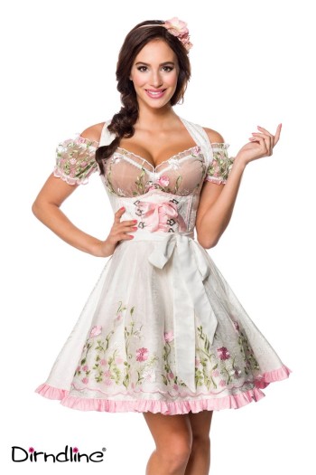 Dirndline Oktoberfest Mini-Brokat-Dirndl inkl Spitzenbluse, weiß, Größe L

