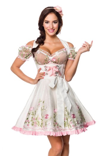 Dirndline Oktoberfest Mini-Brokat-Dirndl inkl Spitzenbluse, weiß, Größe L

