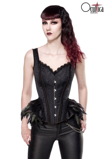 Ocultica Gothic Ausgestelle Corsage aus Brokat und Federn, schwarz, Größe XL

