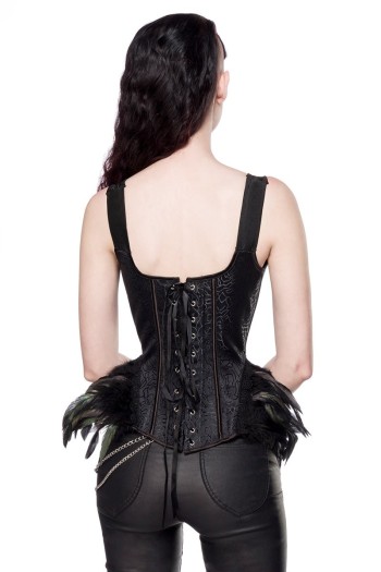 Ocultica Gothic Ausgestelle Corsage aus Brokat und Federn, schwarz, Größe XL

