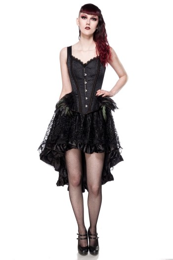 Ocultica Gothic Ausgestelle Corsage aus Brokat und Federn, schwarz, Größe XL

