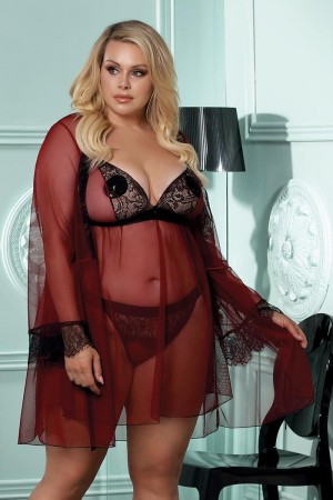 dunkelroter Morgenrock mit Spitze AA052931 von Anais Apparel Plus Size

