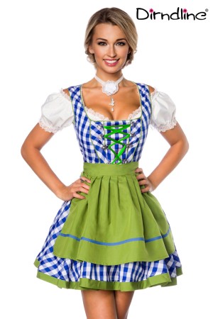 Dirndline Oktoberfest Traditionelles Minidirndl, blau/grün/weiß, Größe XS

