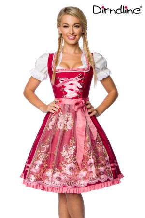 Dirndline Oktoberfest Premium Dirndl mit Stickereien, rosa/rot, Größe S

