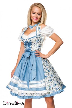 Dirndline Oktoberfest Romatisches Blümchen-Dirndl, weiß/blau, Größe L

